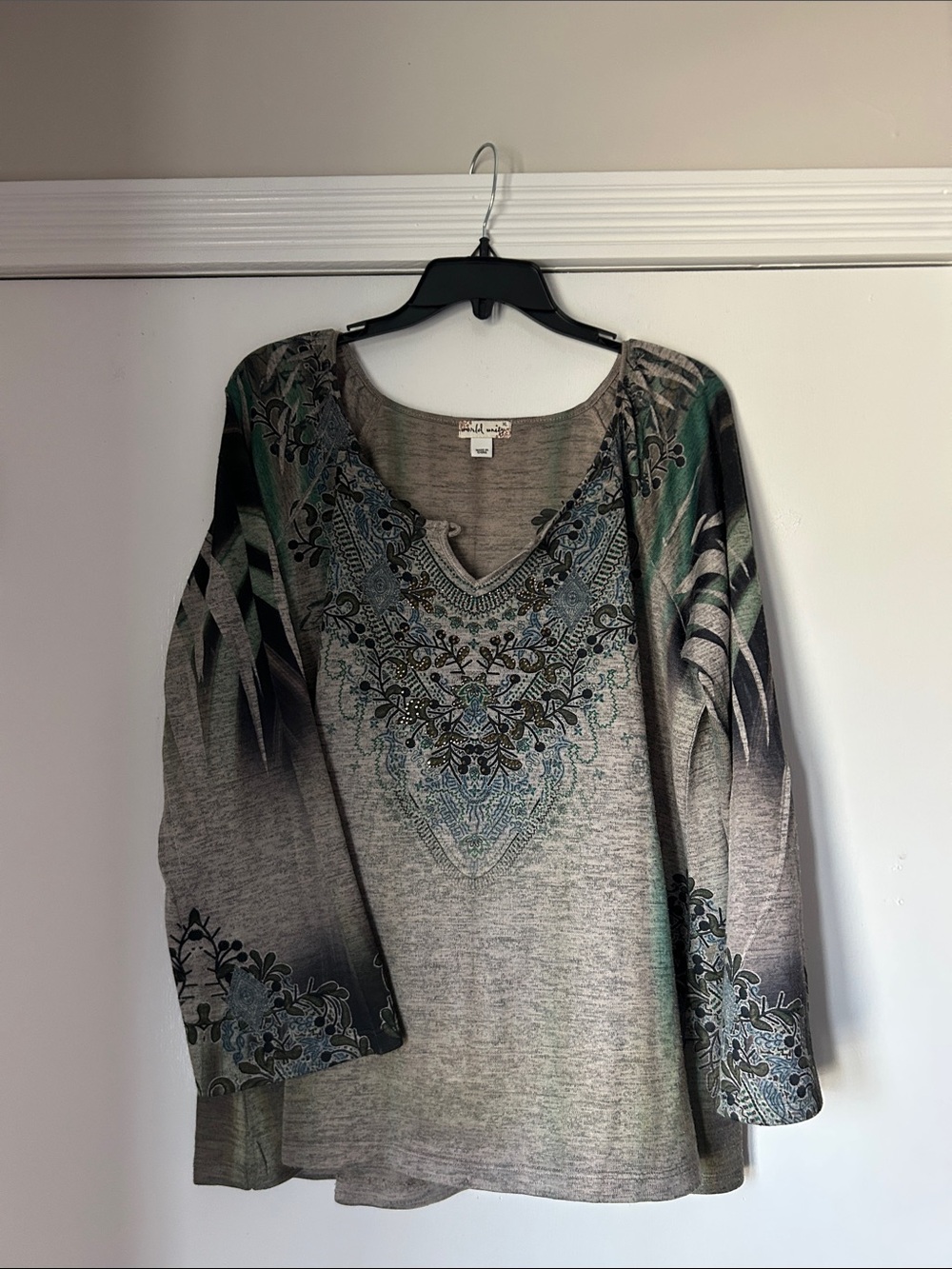 World Unity Embellished V-Neck Long Sleeve Top in Sage and Gray